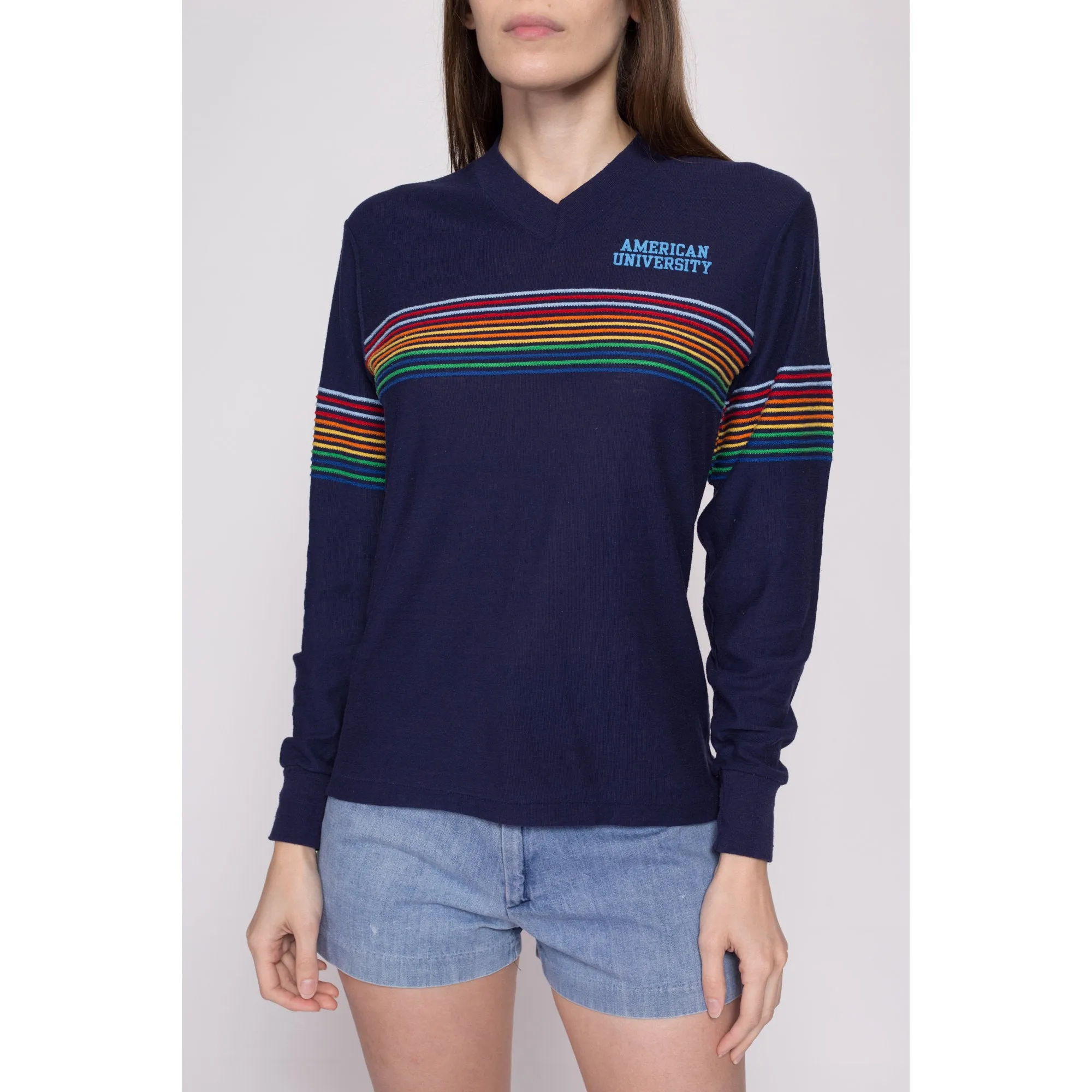 70s American University Rainbow Striped Shirt - Unisex Small