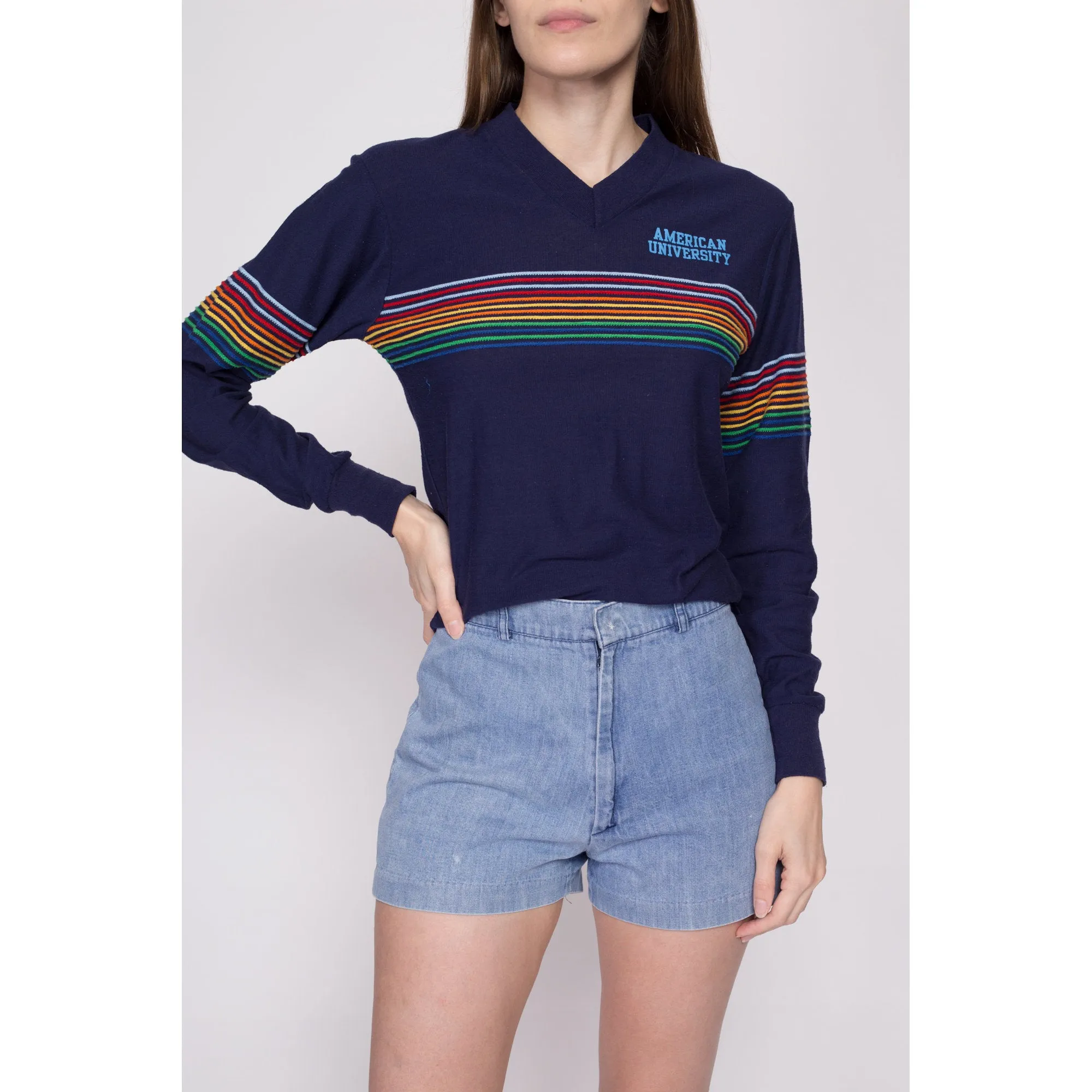 70s American University Rainbow Striped Shirt - Unisex Small