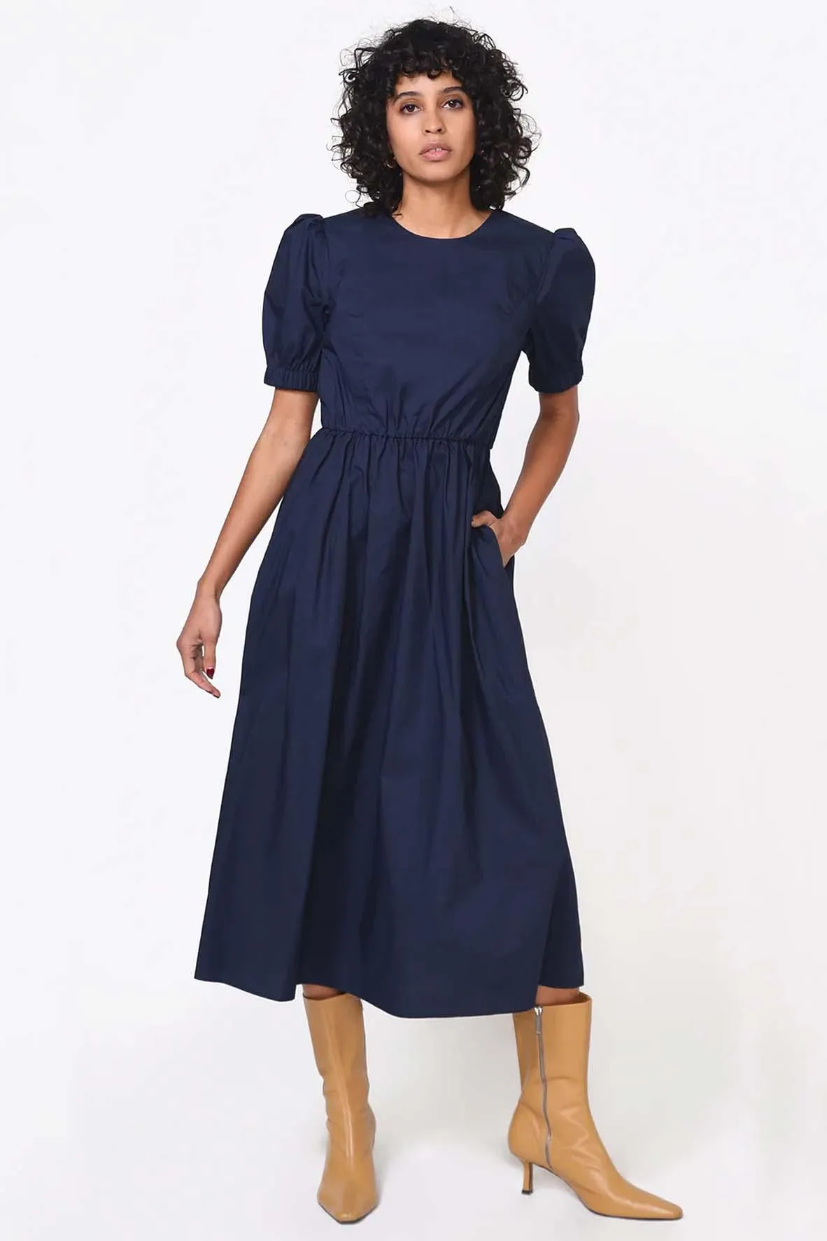 Adriana Poplin Midi Dress In Navy