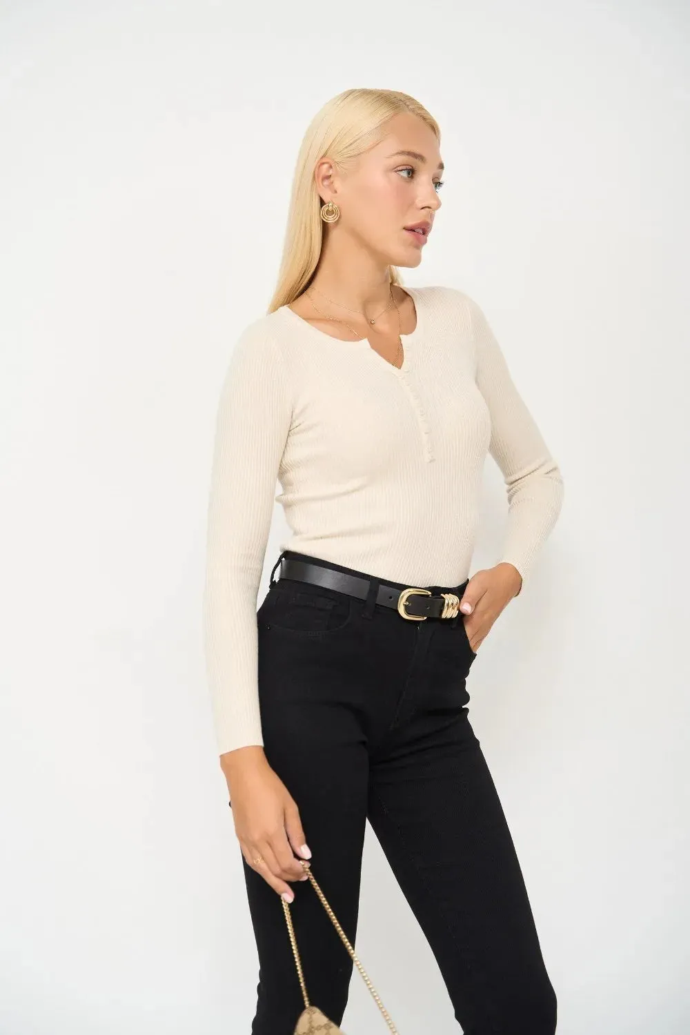 Beige Long Sleeve Sweater with buttons