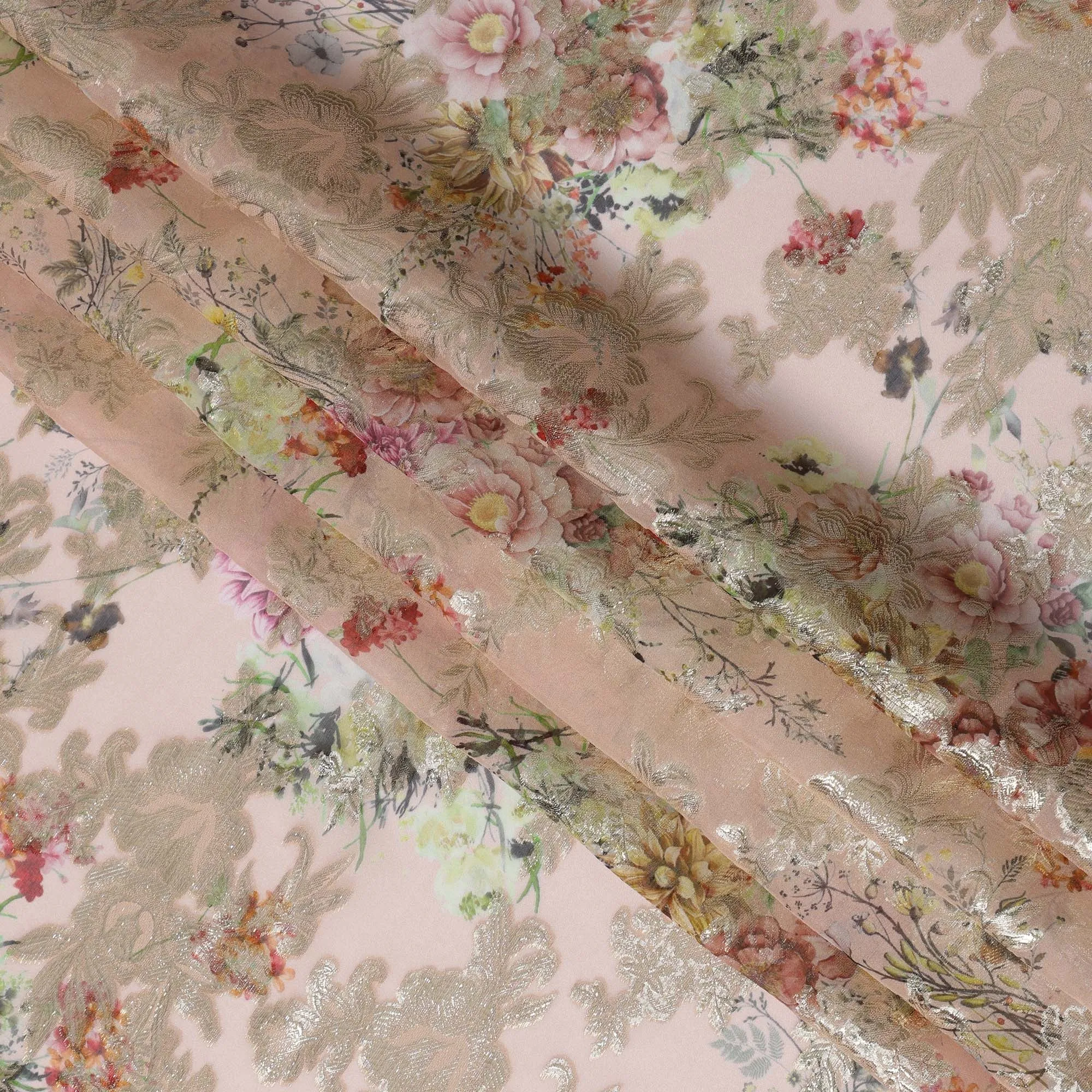 Blush Pink Floral Silk Chiffon Fabric with Metallic Lurex, Width 140 cm, South Korea-D21270