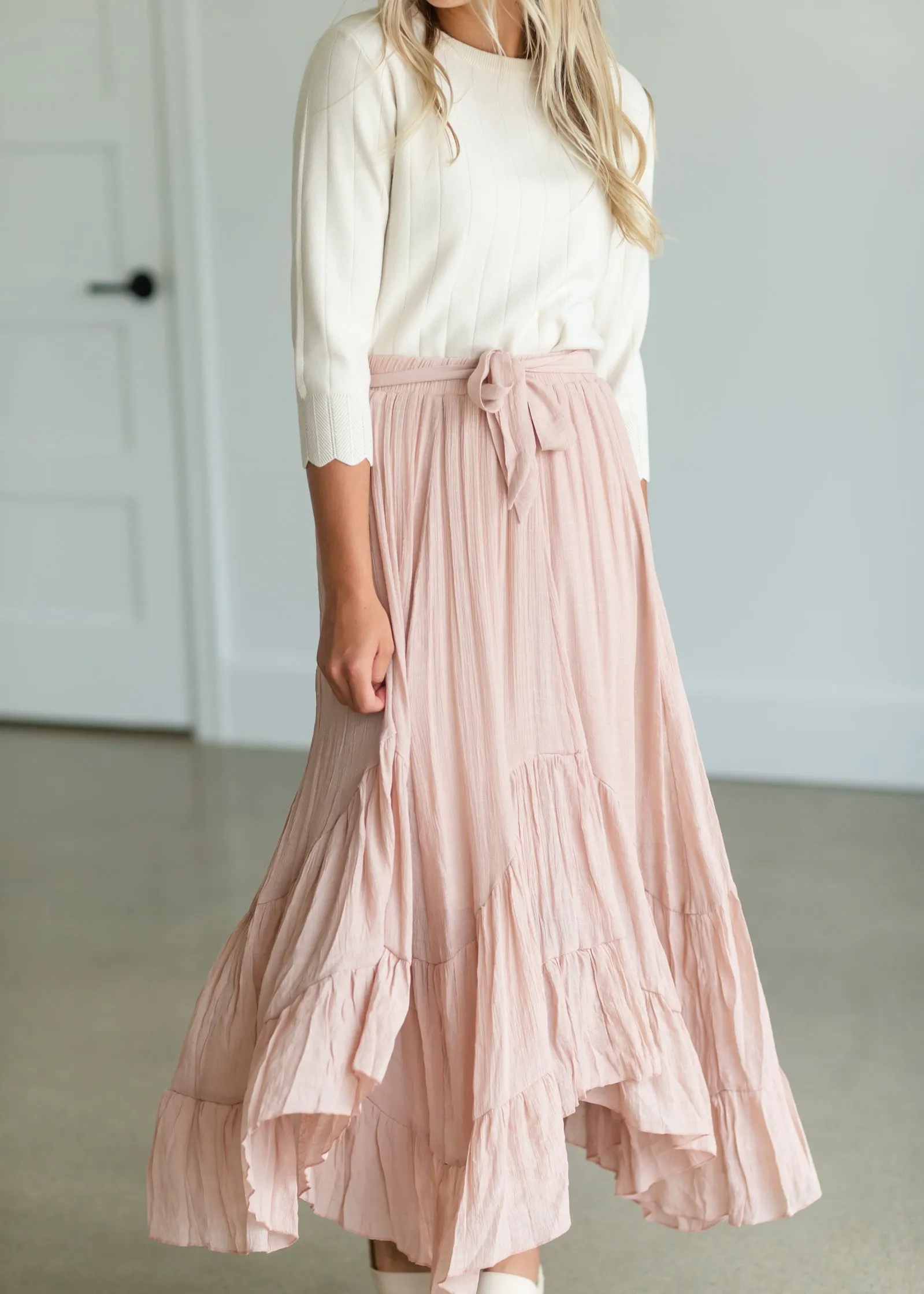 Blush Tie Waist Flowy Midi Skirt