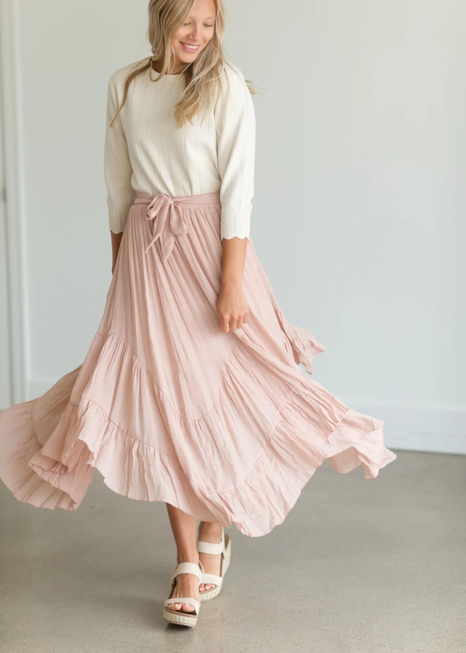 Blush Tie Waist Flowy Midi Skirt