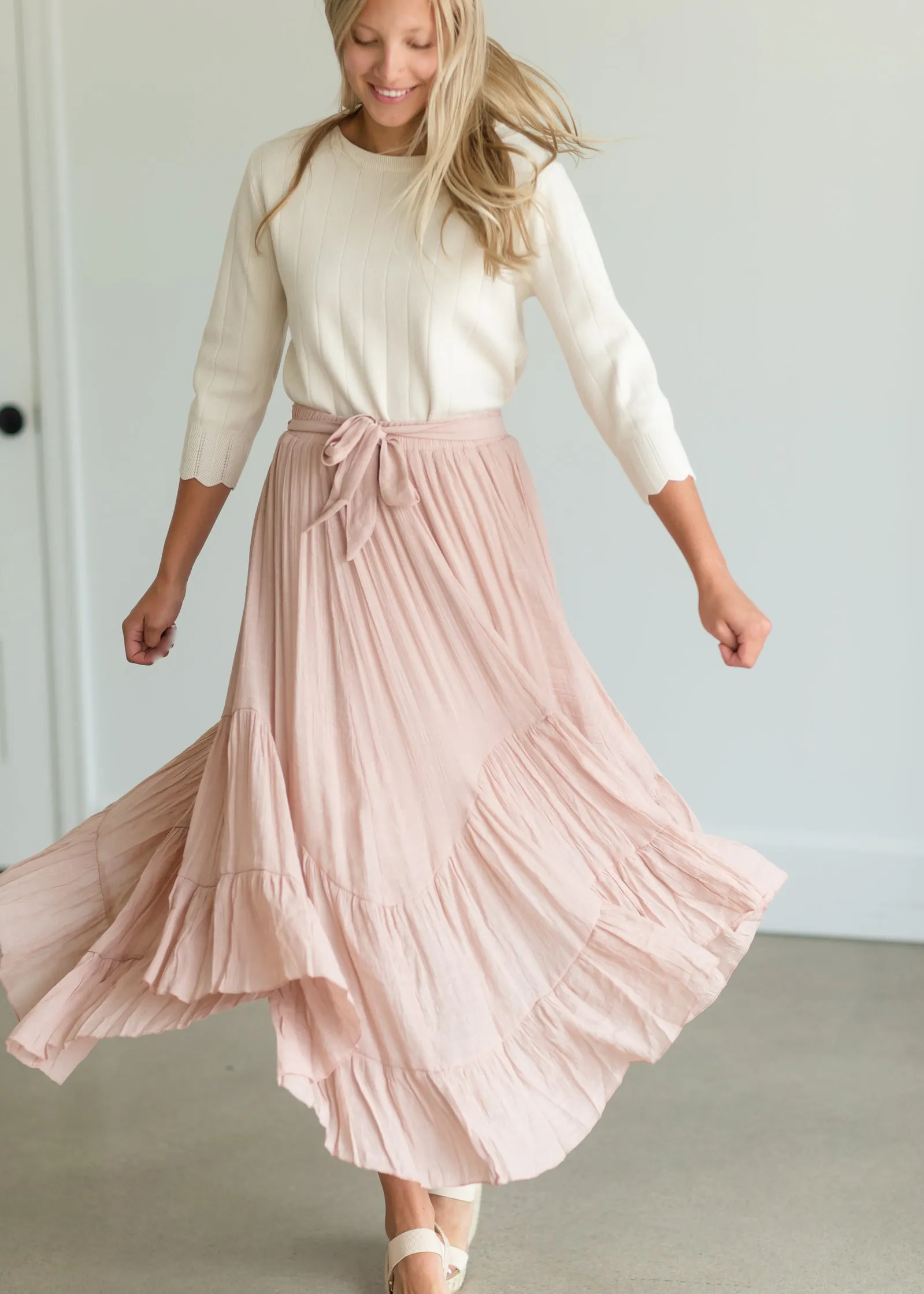 Blush Tie Waist Flowy Midi Skirt