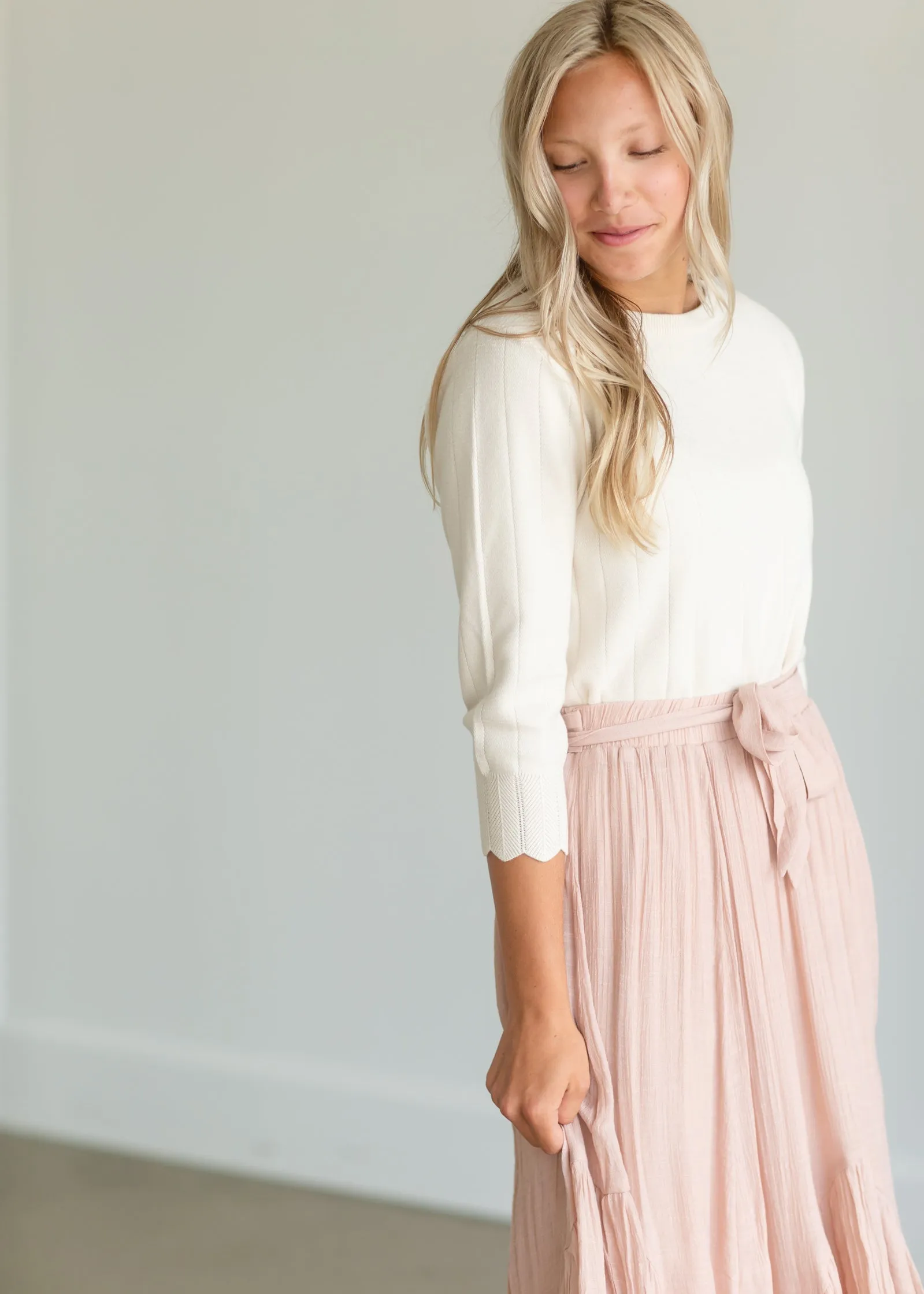 Blush Tie Waist Flowy Midi Skirt