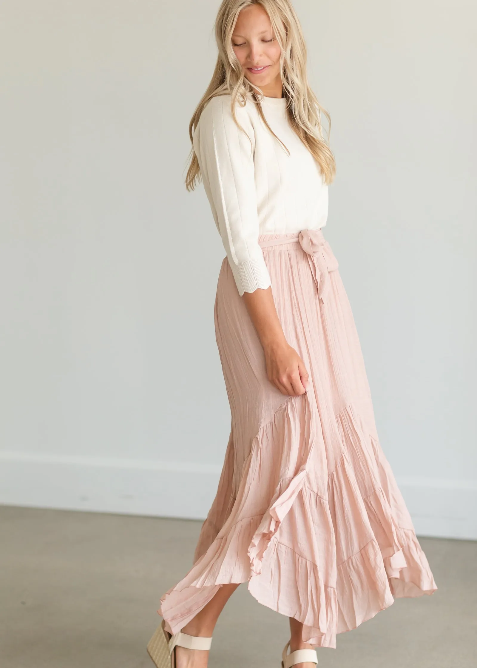 Blush Tie Waist Flowy Midi Skirt