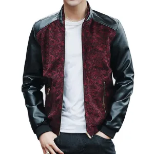 Contrast Paisley Pattern Combination Style PU Leather Sleeves Men Slim Fit Jacket