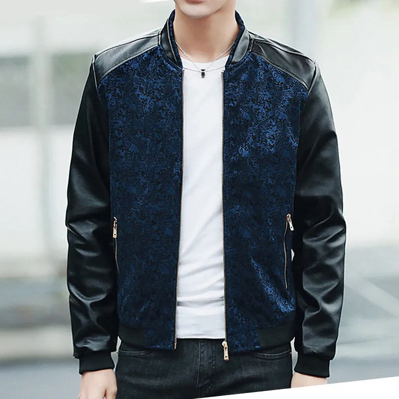 Contrast Paisley Pattern Combination Style PU Leather Sleeves Men Slim Fit Jacket