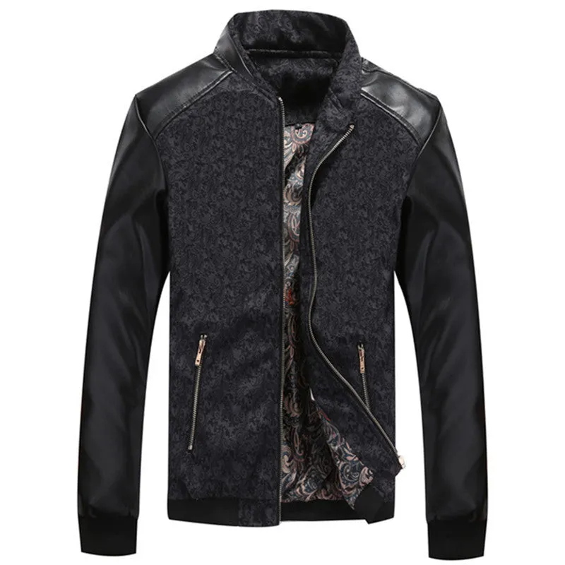 Contrast Paisley Pattern Combination Style PU Leather Sleeves Men Slim Fit Jacket