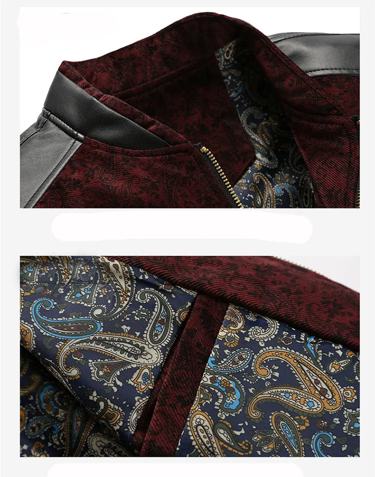 Contrast Paisley Pattern Combination Style PU Leather Sleeves Men Slim Fit Jacket