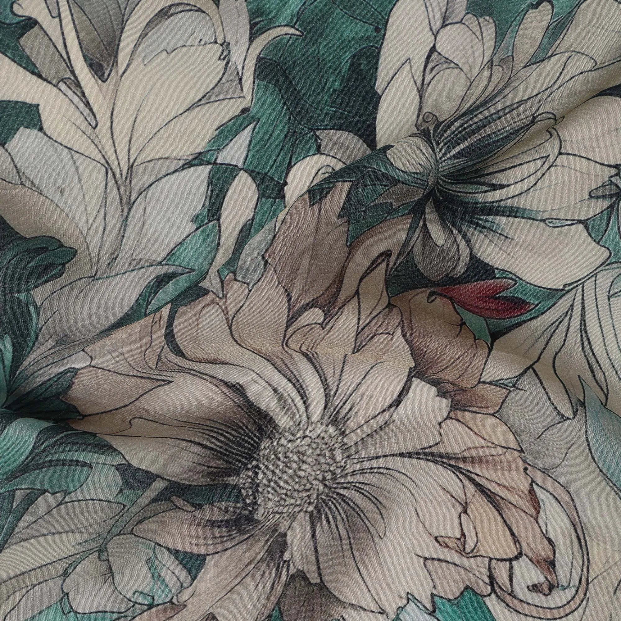 Emerald Green Viscose Digital Printed Fabric with Botanical Floral Design, 110 cm Width-D21315