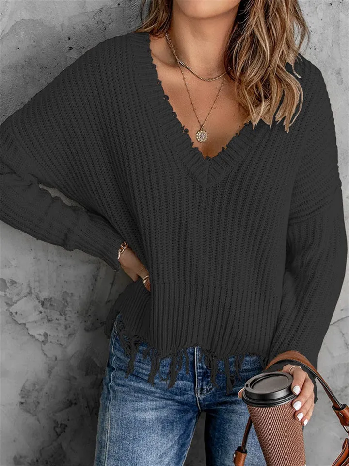 Fashion V-neck Solid Color Tassel Hole Knitted Sweater