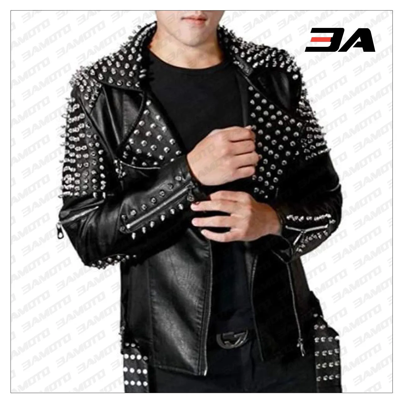 Handmade Men's Black Fashion Studded Punk Style Leather Jacket