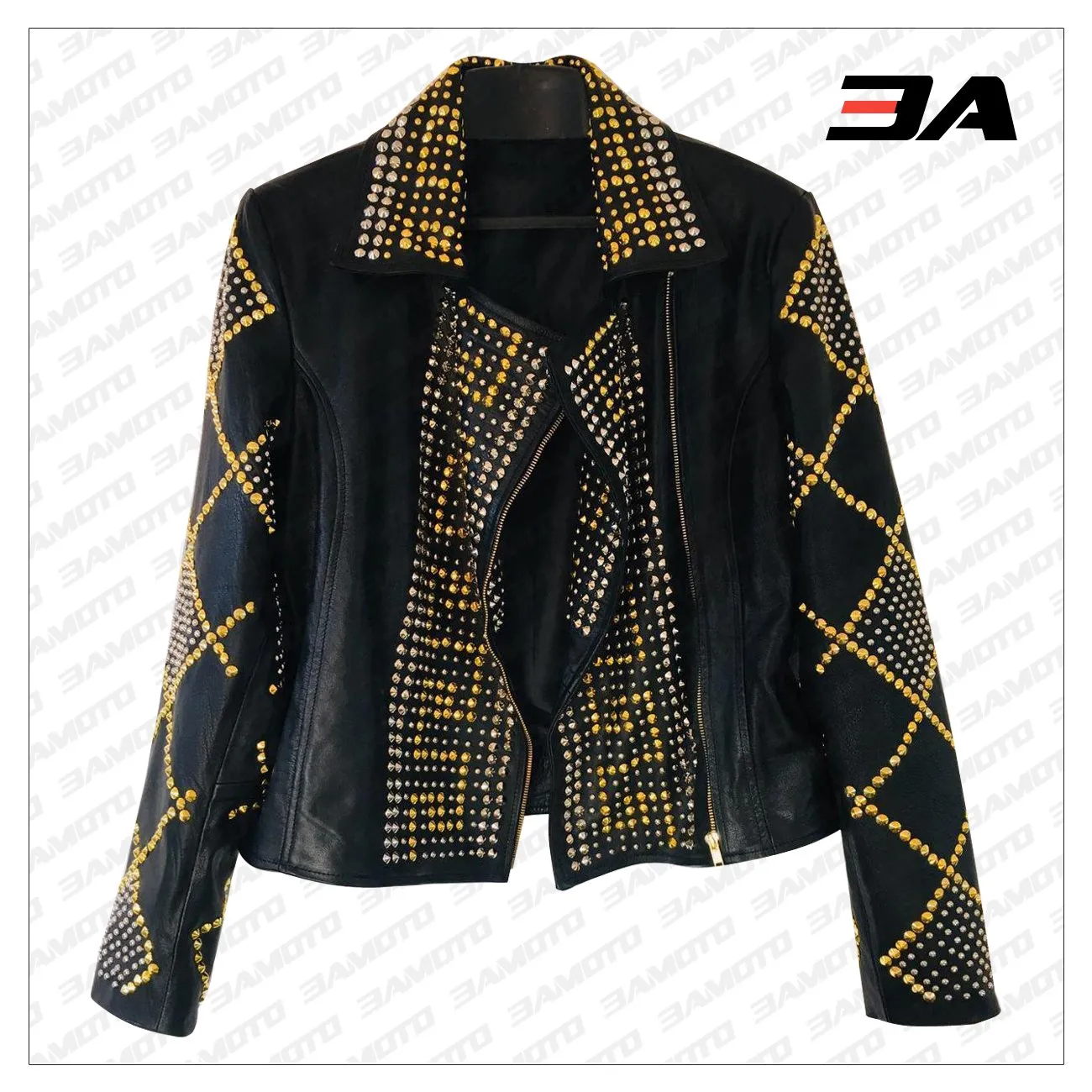 Handmade Women Black Leather Golden Studded Punk Style Jacket