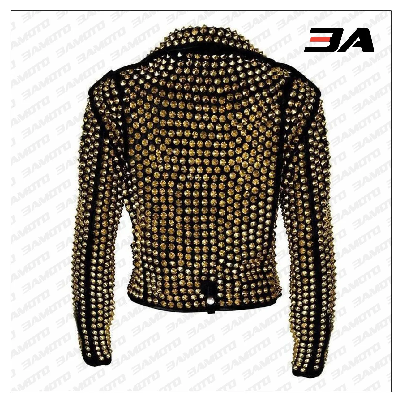 Handmade Women's Black Fashion Golden Studded Punk Style Leather Jacket