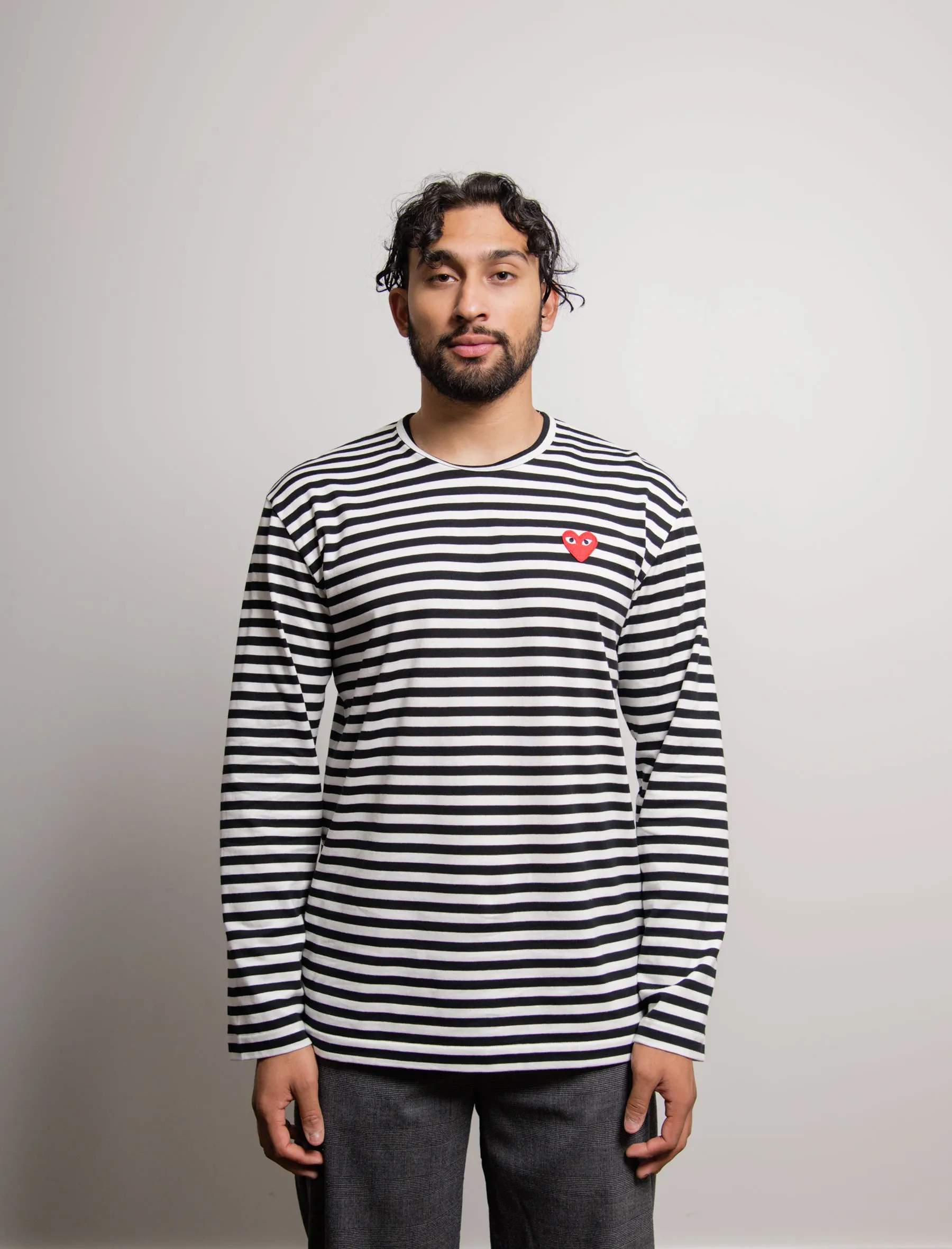 Long Sleeve Striped Emblem Tee Black/White/Red T164