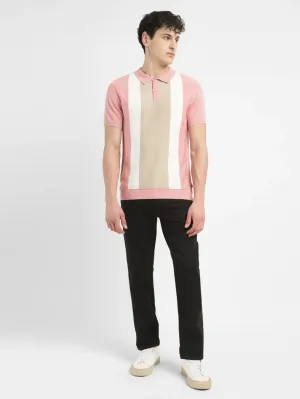 Men's Colorblock Pink Polo Collar Sweater