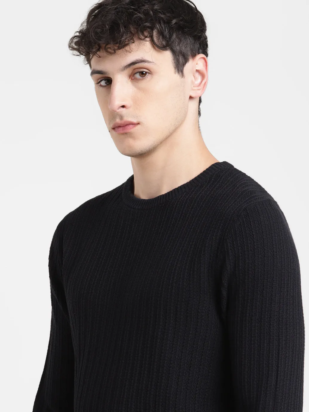 Men's Solid Black Crew Neck Sweater