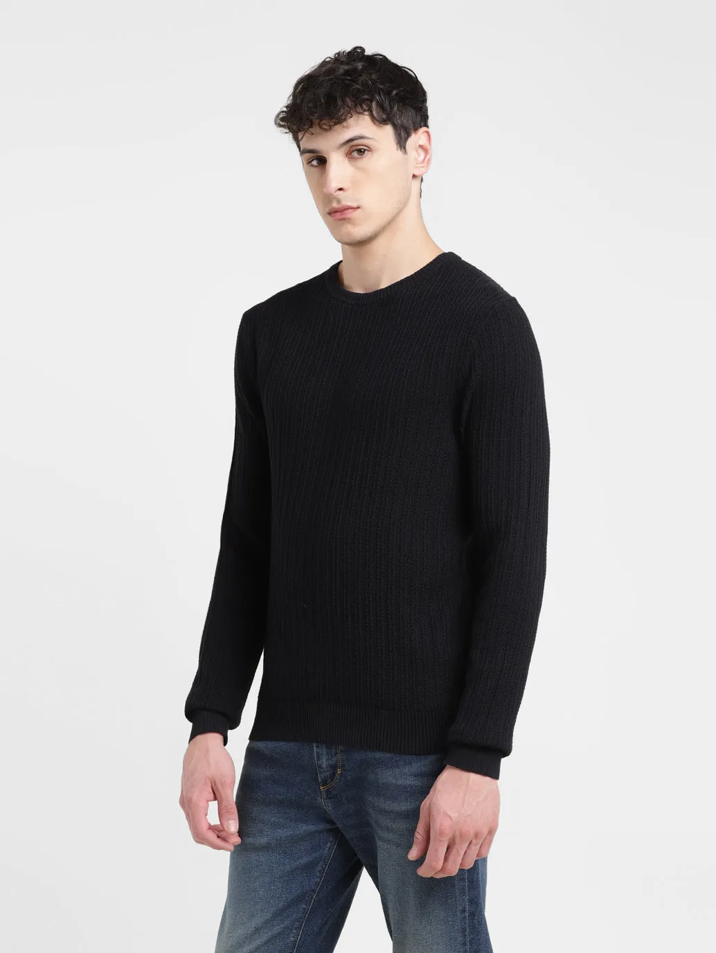 Men's Solid Black Crew Neck Sweater