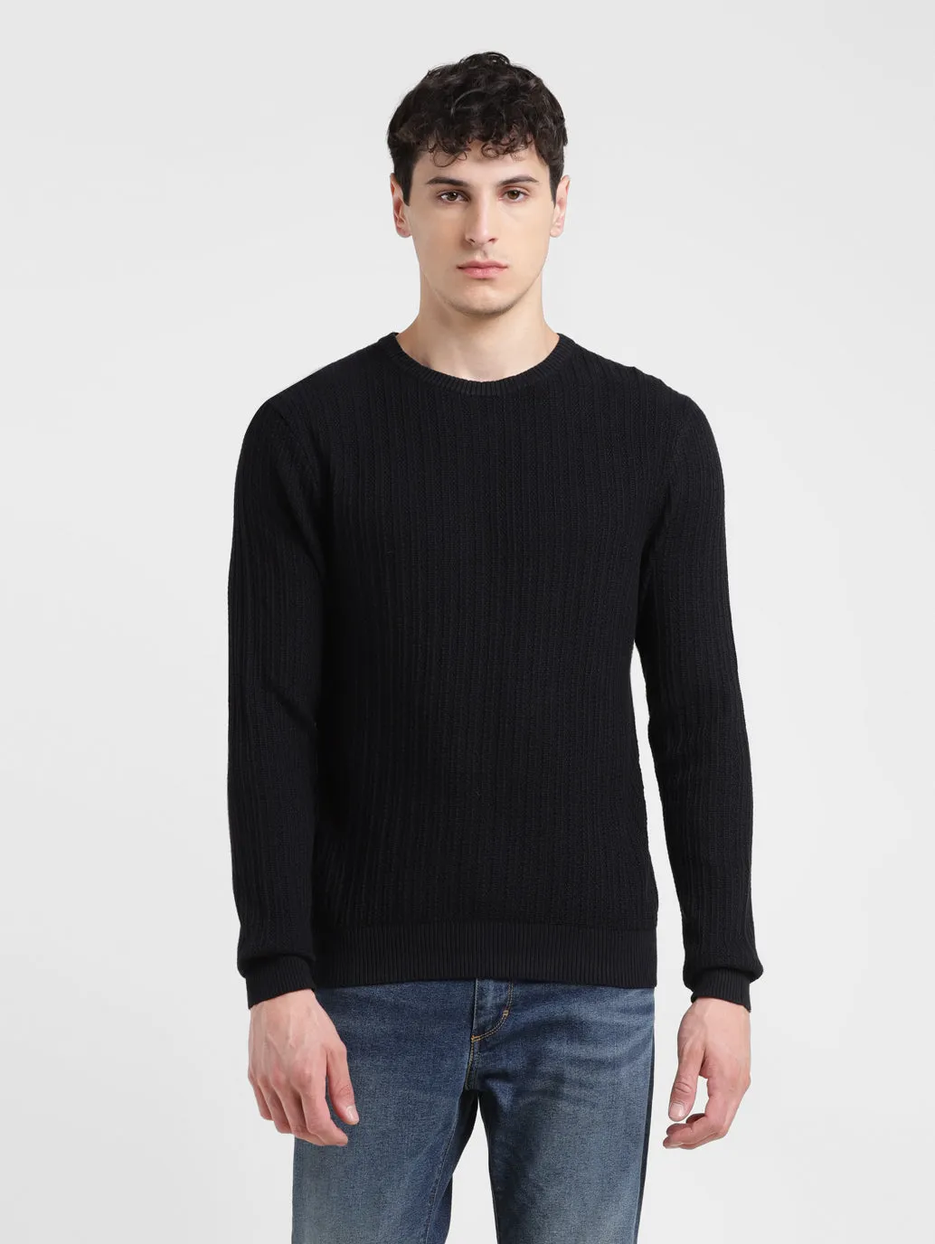 Men's Solid Black Crew Neck Sweater