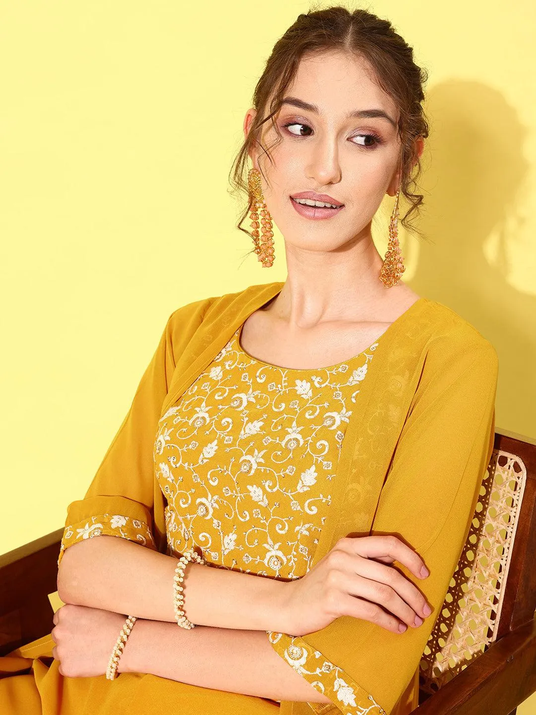 Mustard Embellished Georgette 3 Piece Co-Ords