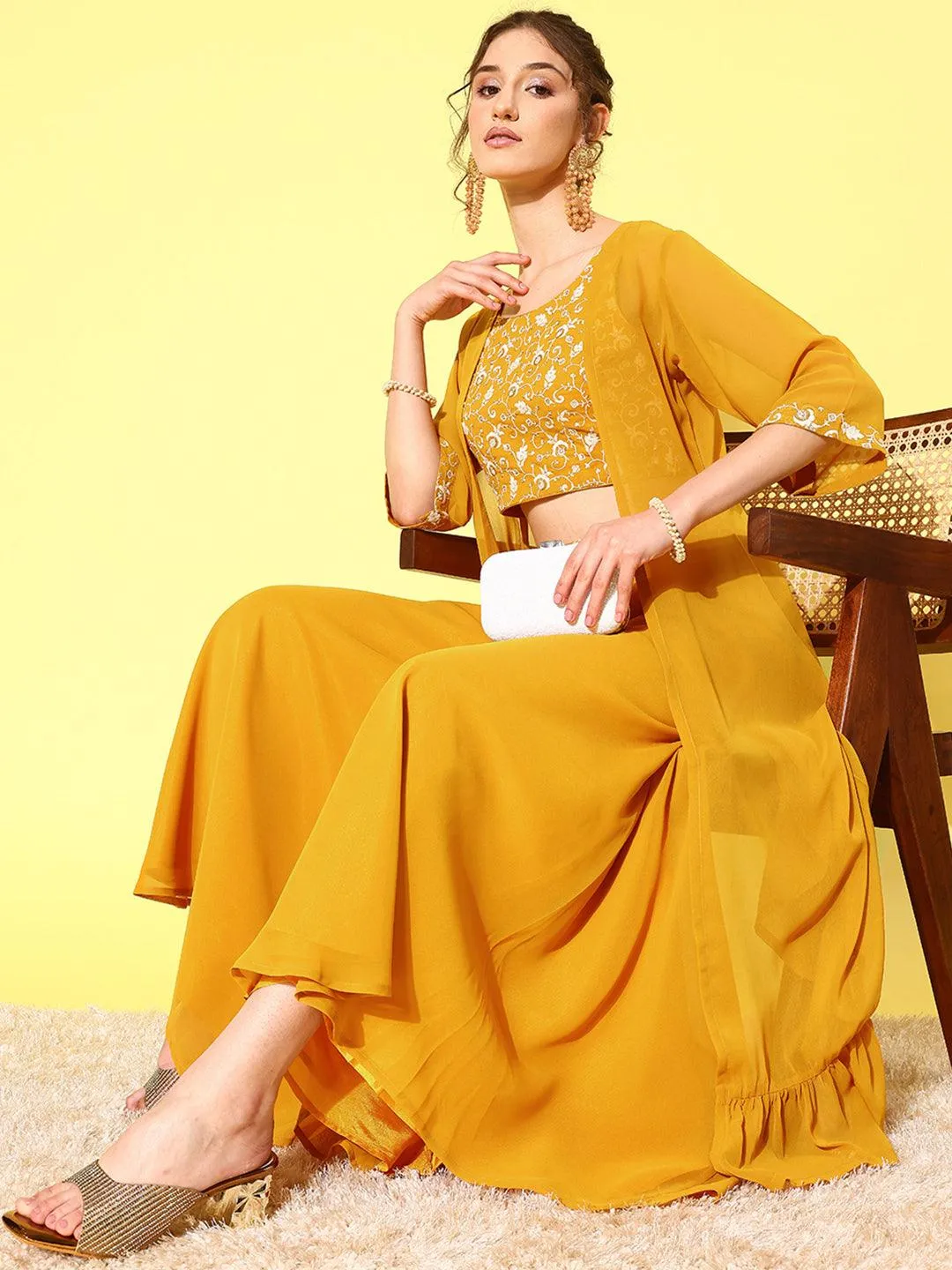 Mustard Embellished Georgette 3 Piece Co-Ords