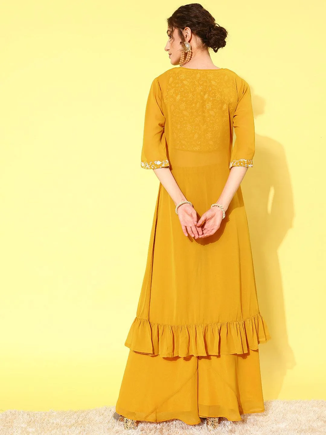 Mustard Embellished Georgette 3 Piece Co-Ords