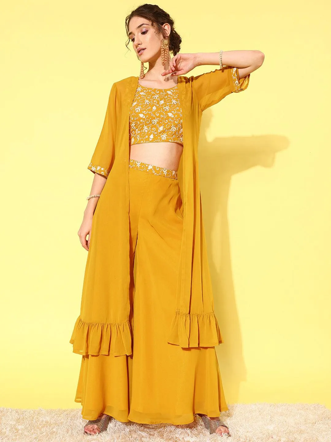 Mustard Embellished Georgette 3 Piece Co-Ords