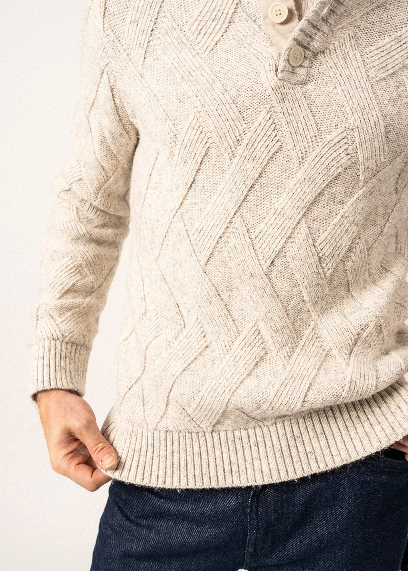 NEUCHATEL - 1/4 Buttoned, High-Collar Sweater with Structured Knit (LIGHT GRAY MELANGE)