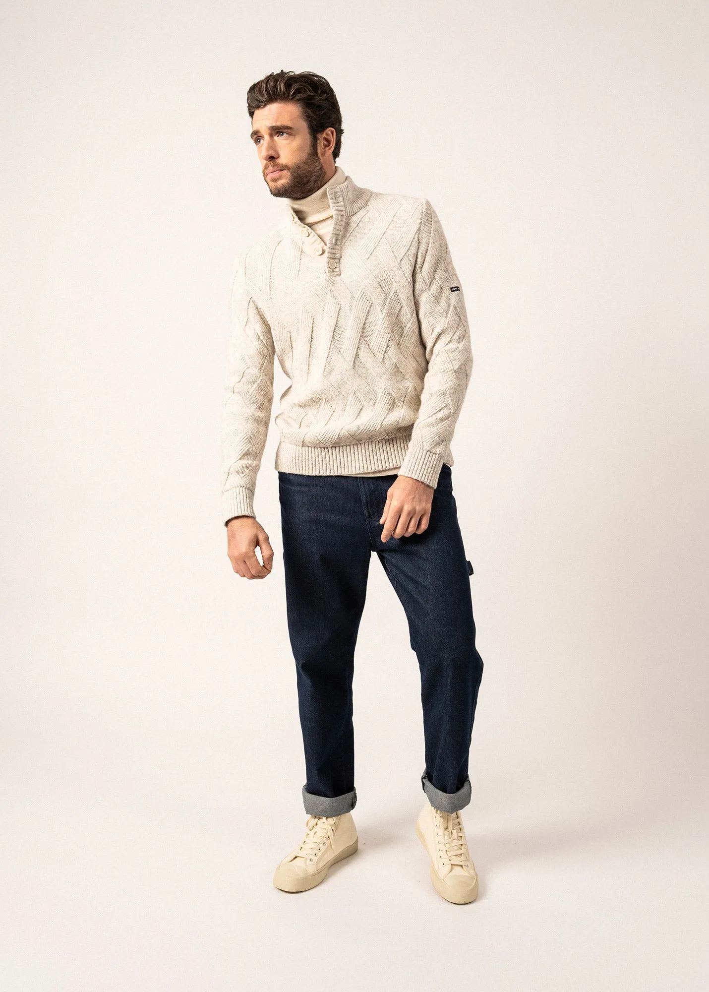 NEUCHATEL - 1/4 Buttoned, High-Collar Sweater with Structured Knit (LIGHT GRAY MELANGE)