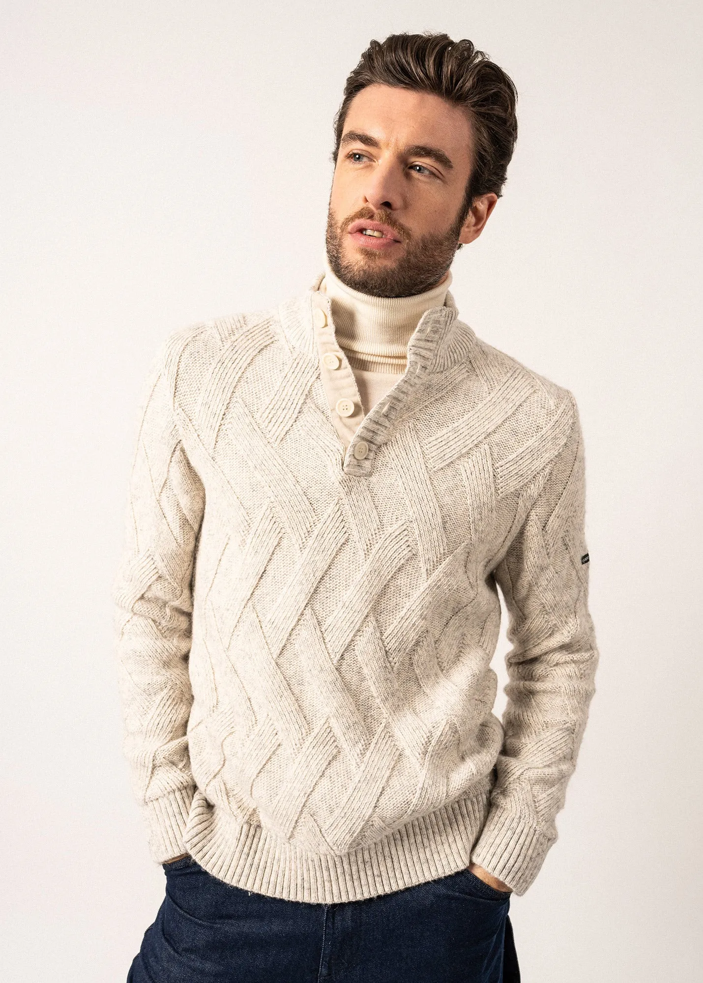 NEUCHATEL - 1/4 Buttoned, High-Collar Sweater with Structured Knit (LIGHT GRAY MELANGE)