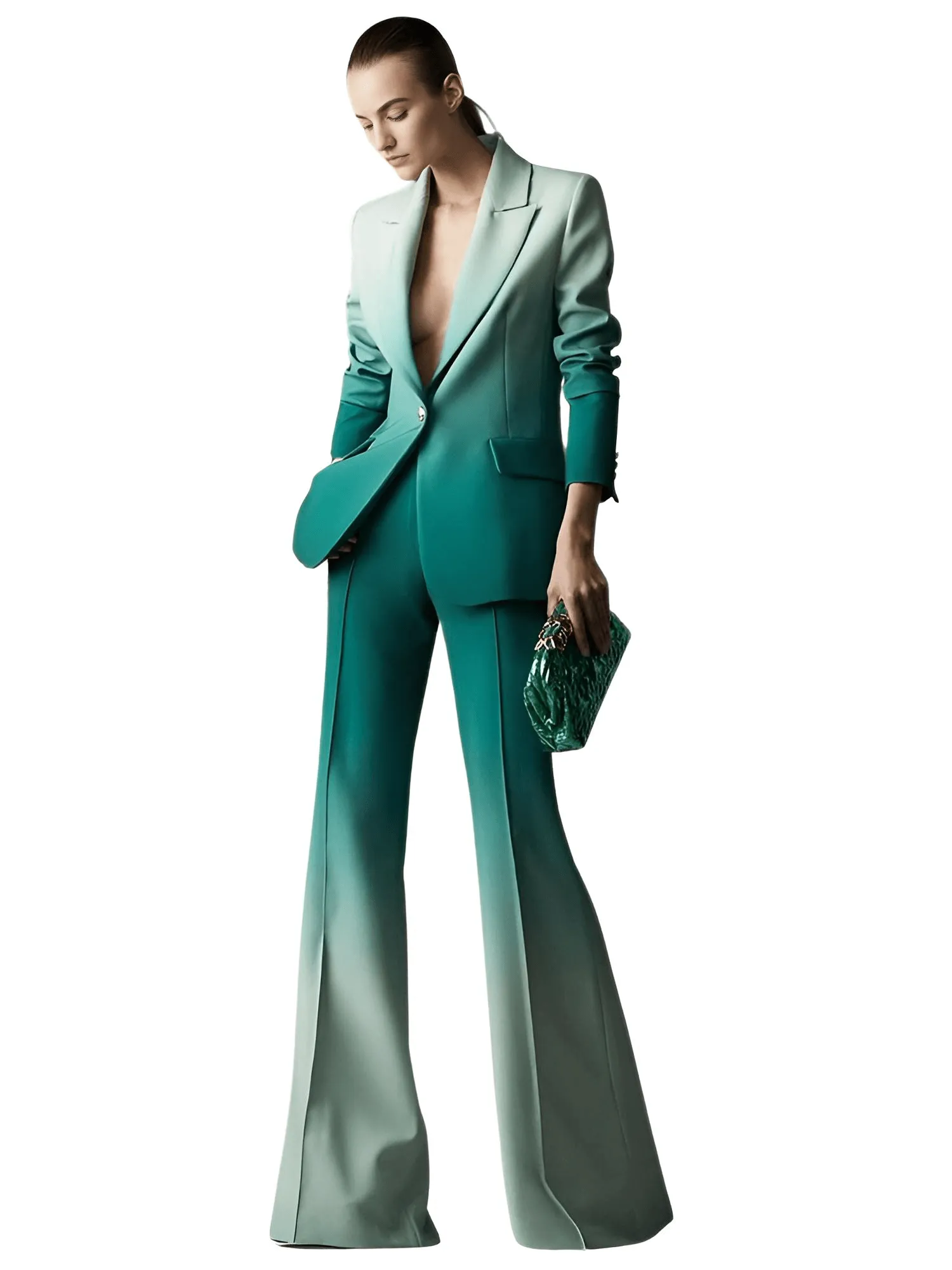 Newest Fashion Suit Set Single Button Blazer Gradient Color Women's Flare Pants Suit 2pcs