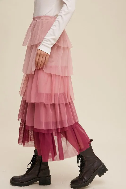 Pink Ruffle Long Skirt New Women's Fashion Gradient Style Tiered Mesh Maxi Skirt KESLEY