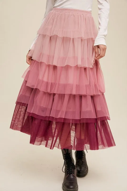 Pink Ruffle Long Skirt New Women's Fashion Gradient Style Tiered Mesh Maxi Skirt KESLEY