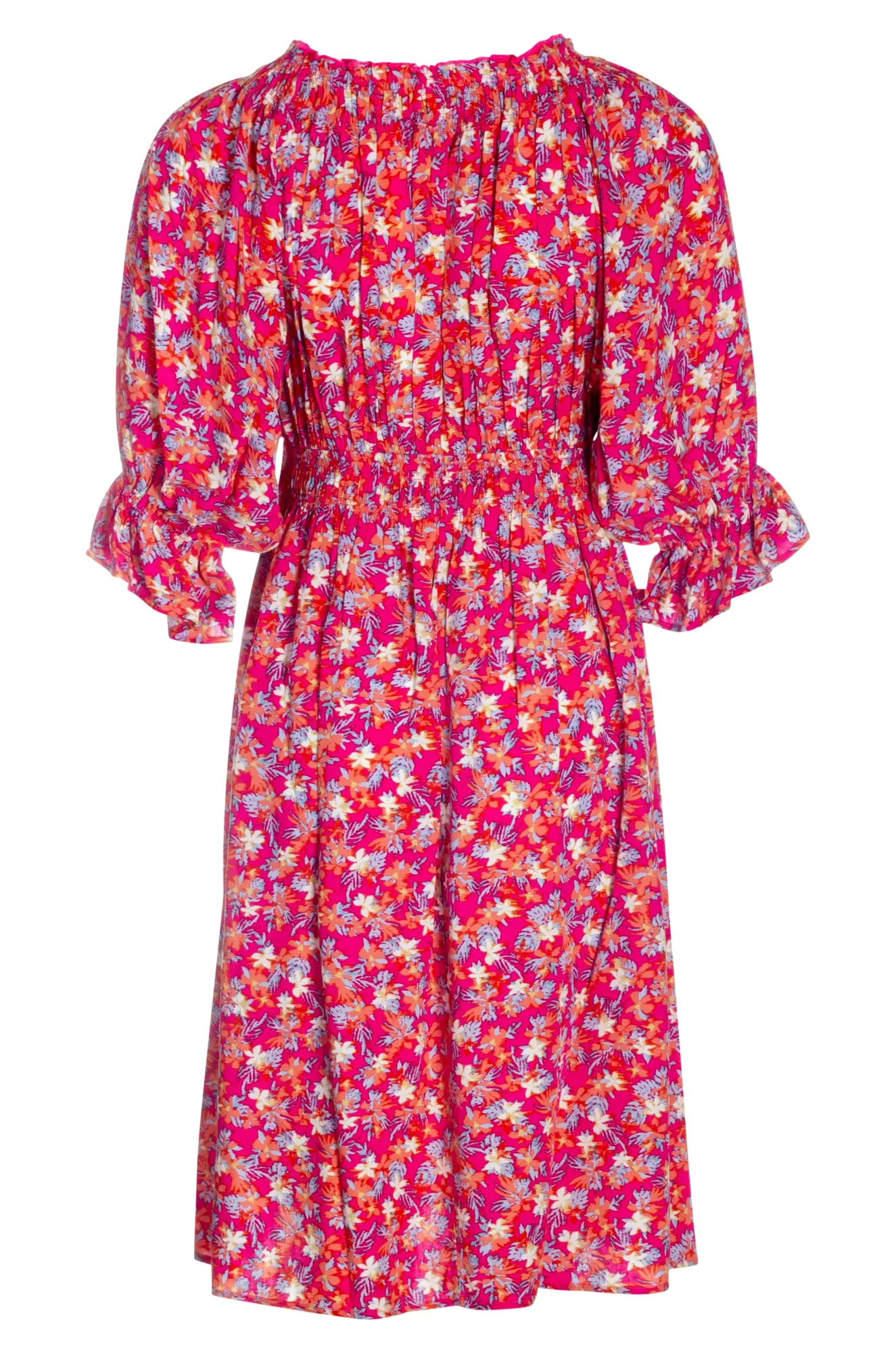 Print Dress with shirred waist | Cerise Sky Tropics | 3356AR