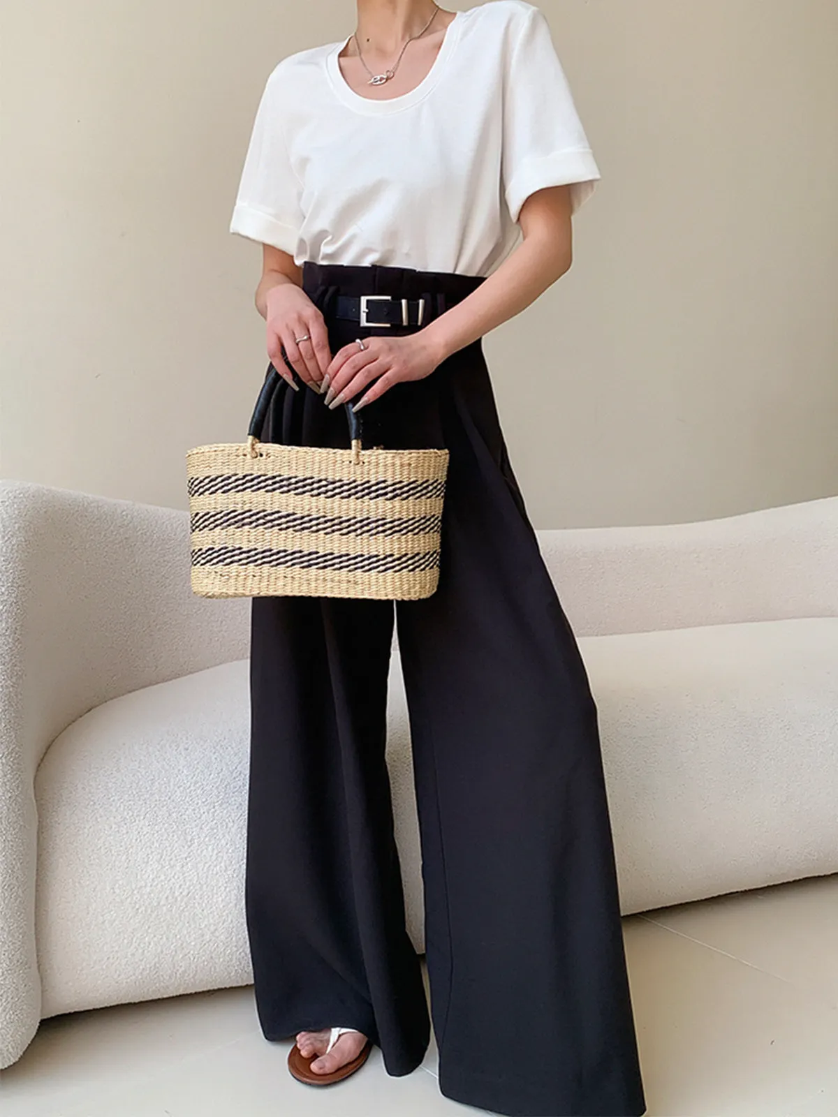 Solid Wide Leg Trendy Pants Without Belt