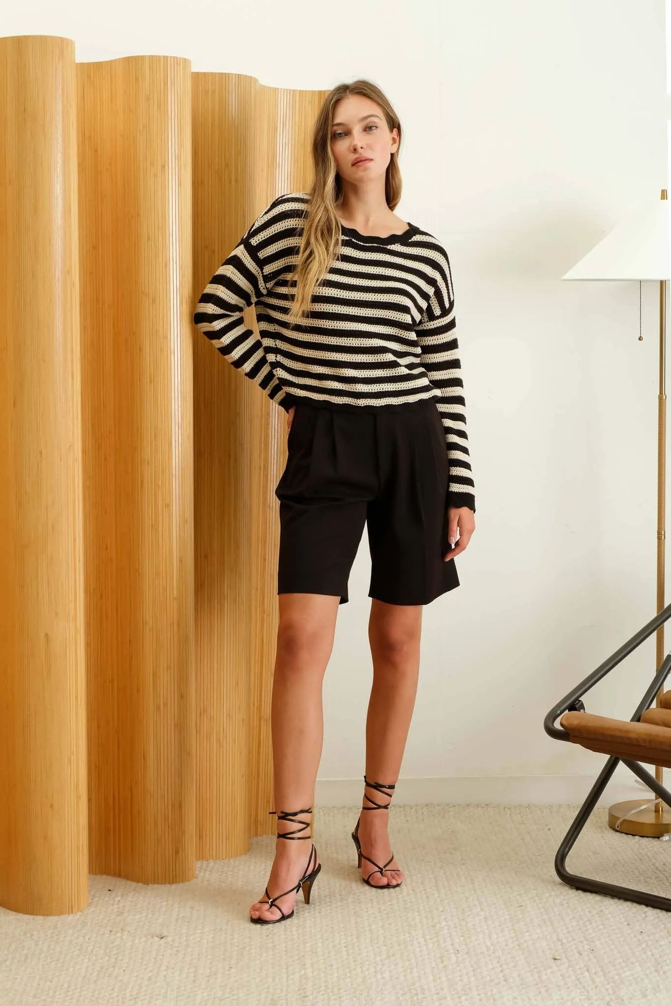 STRIPE SCALLOP TRIM KNIT PULLOVER SWEATER