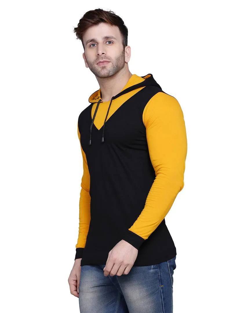 Stylish Cotton Blend Black Solid Hooded T-shirt For Men