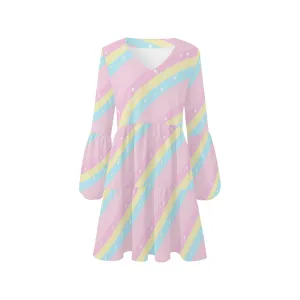 Teatime Fantasy Pink Rainbow V-Neck Loose Fit Chiffon Dress