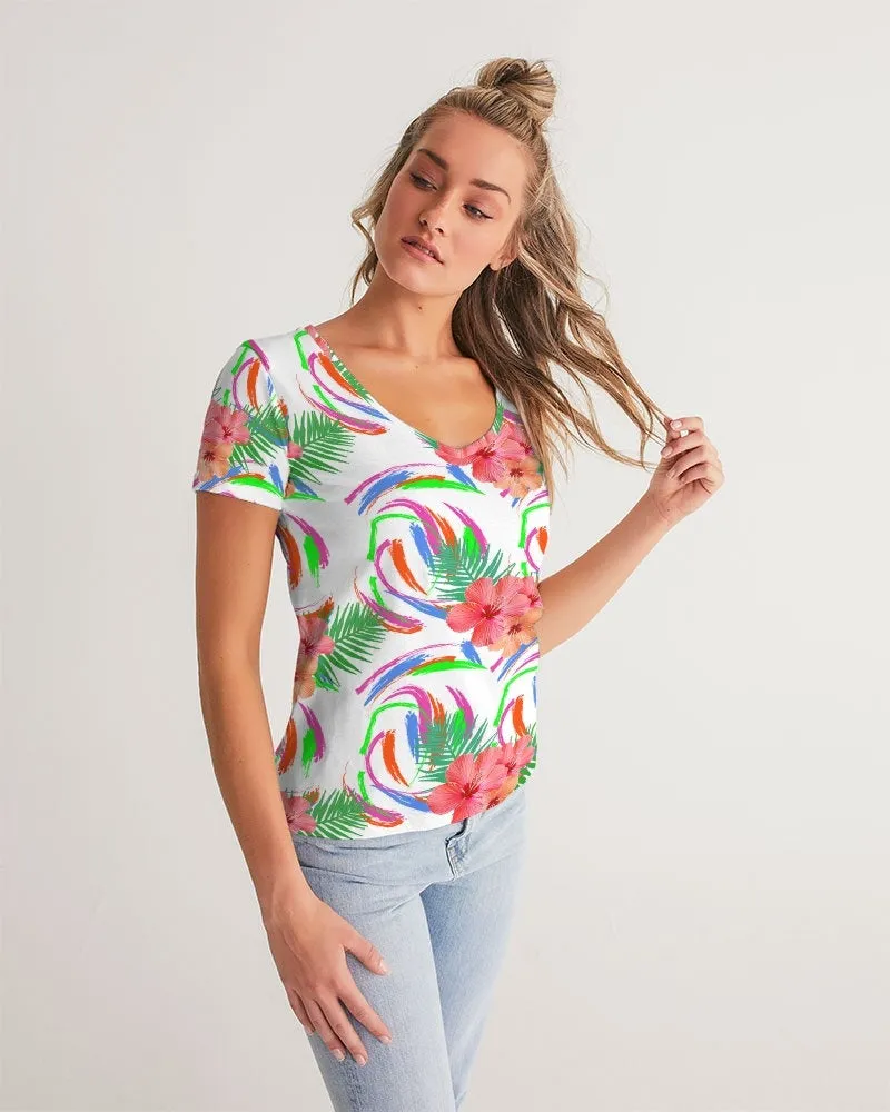 Tropical Hibiscus V-Neck Tee