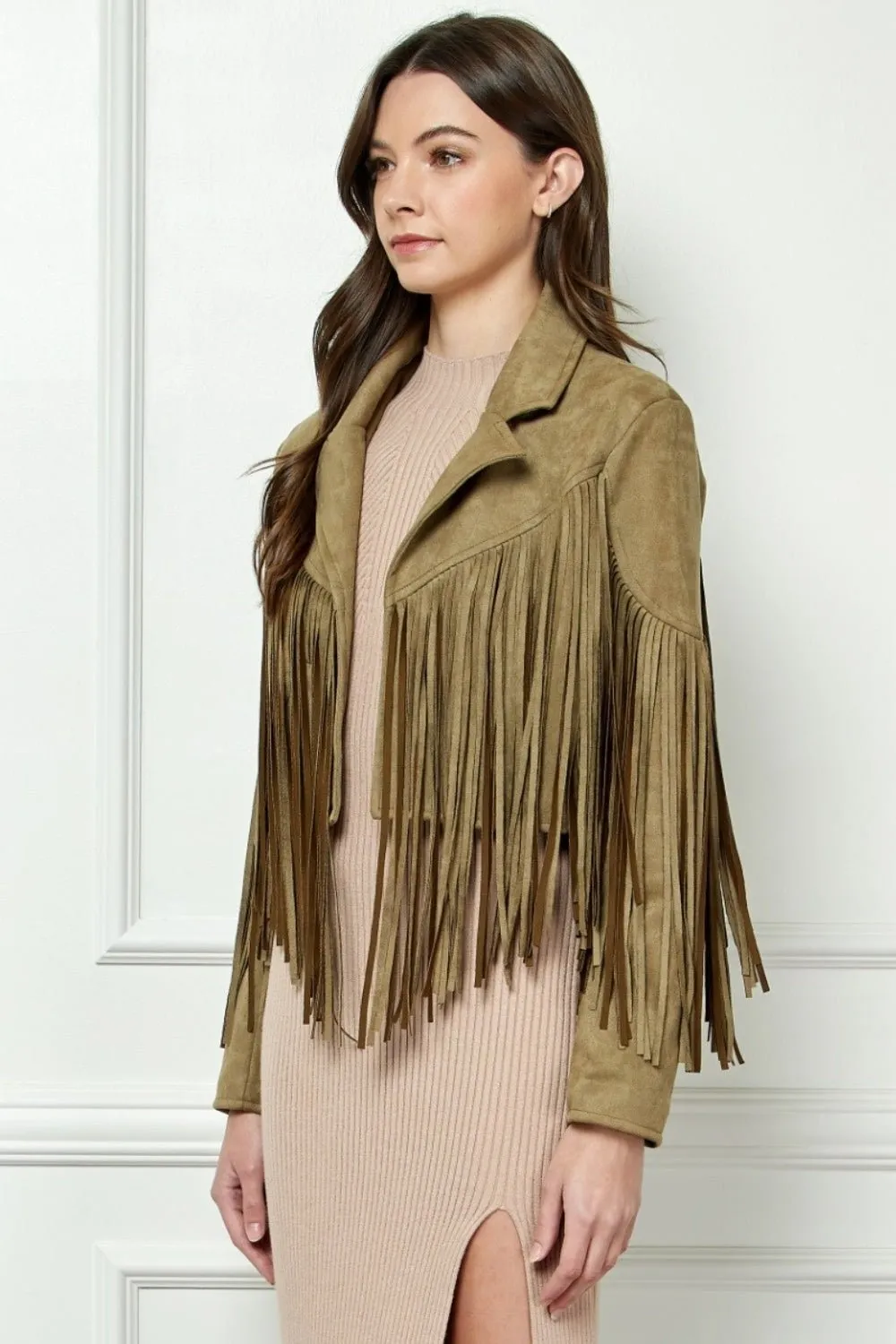 Veveret® Suede Fringe Long Sleeve Moto Jacket