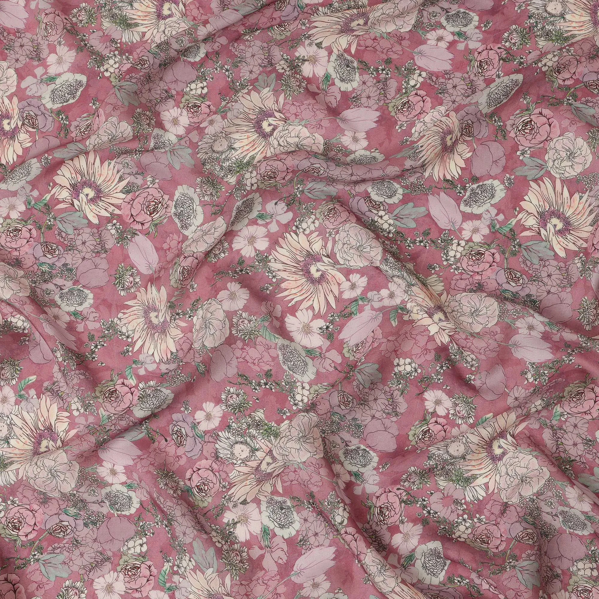 Viscose Crepe Fabric - Vintage Floral Print on Dusty Rose, 110 cm Width-D20662