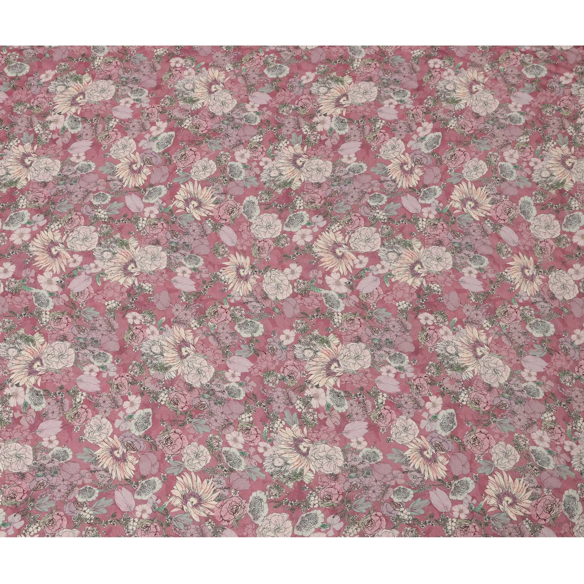 Viscose Crepe Fabric - Vintage Floral Print on Dusty Rose, 110 cm Width-D20662