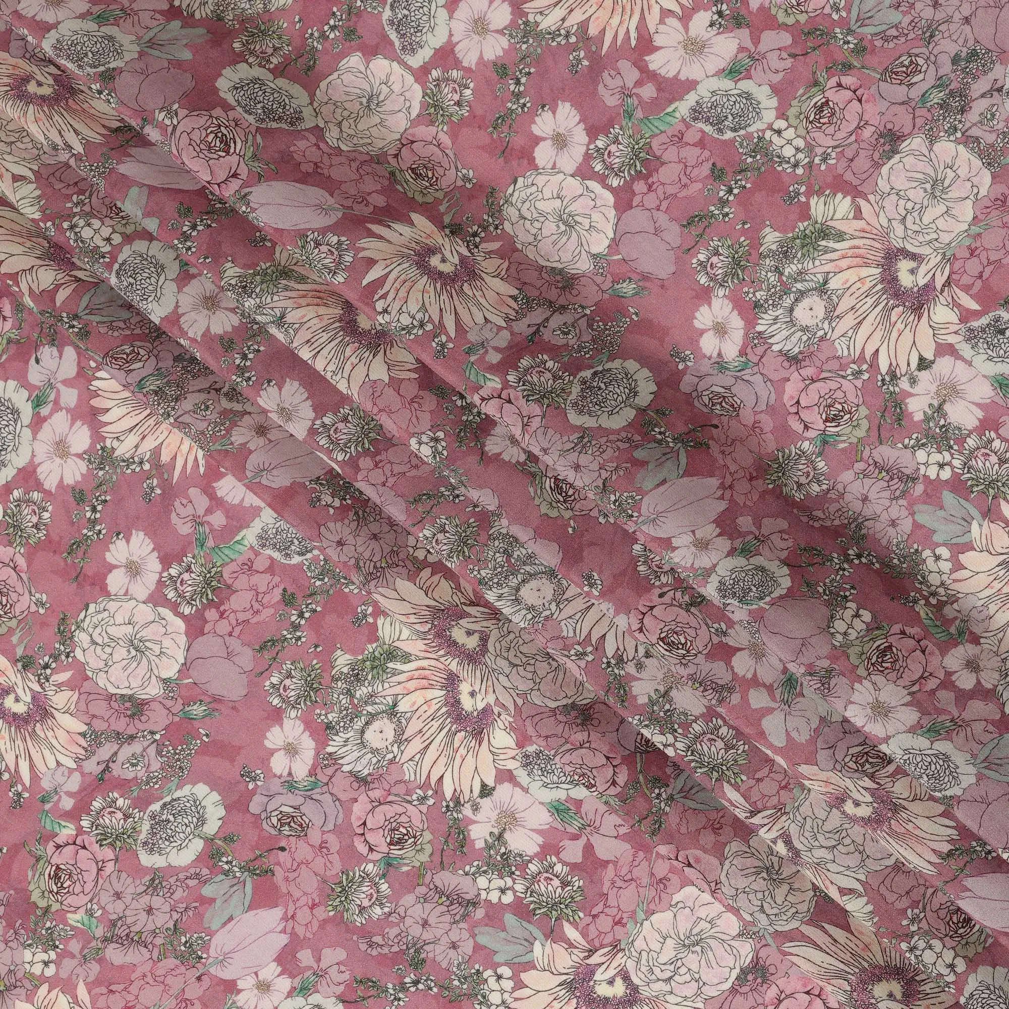 Viscose Crepe Fabric - Vintage Floral Print on Dusty Rose, 110 cm Width-D20662