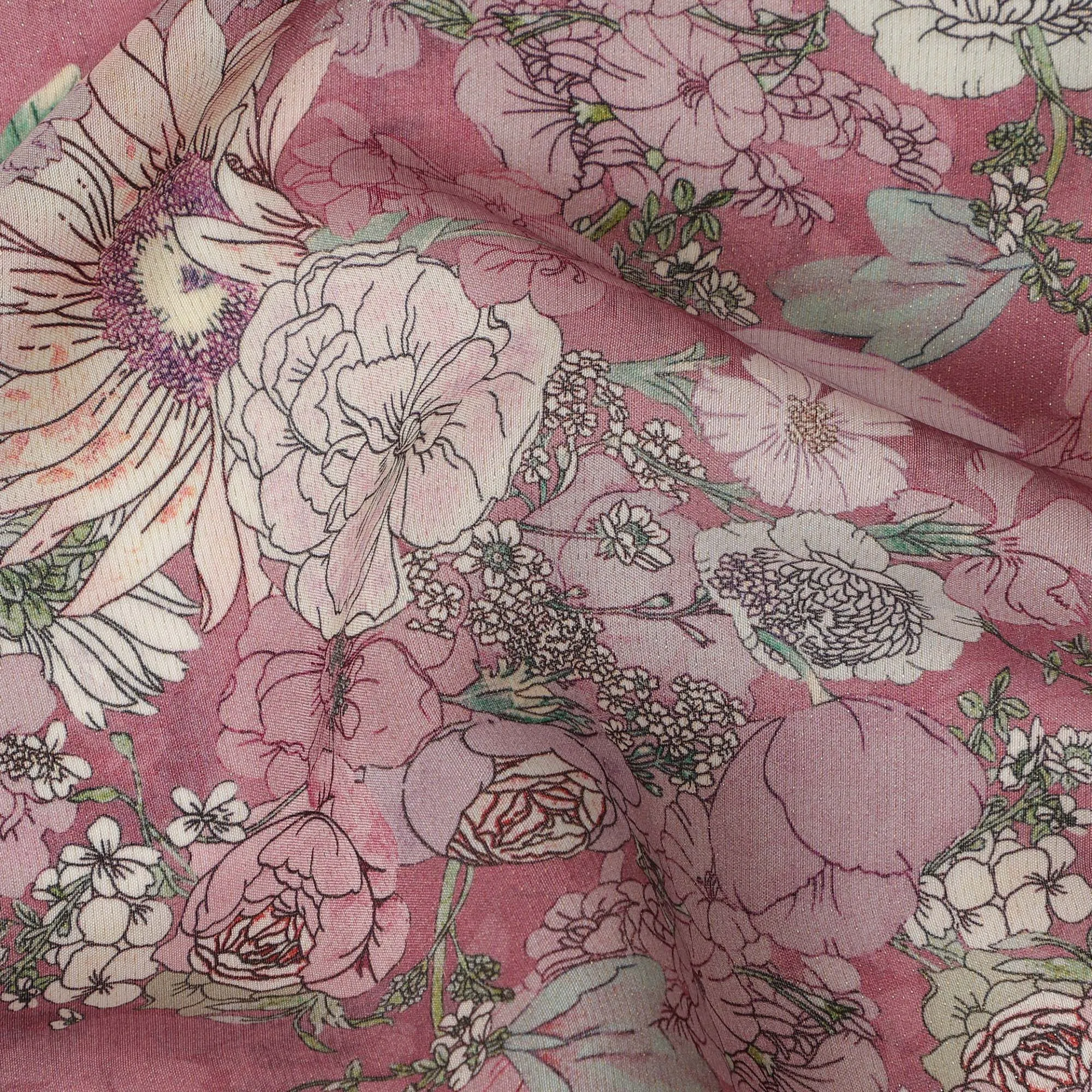 Viscose Crepe Fabric - Vintage Floral Print on Dusty Rose, 110 cm Width-D20662